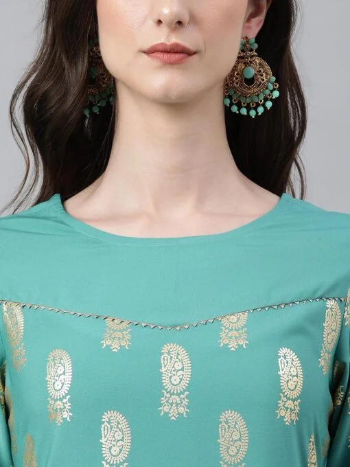 Sea Green Crepe Floral Foil Print Straight Kurta - Image 3