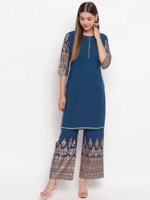 Teal Poly Crepe Printed Kurti With Palazzo
