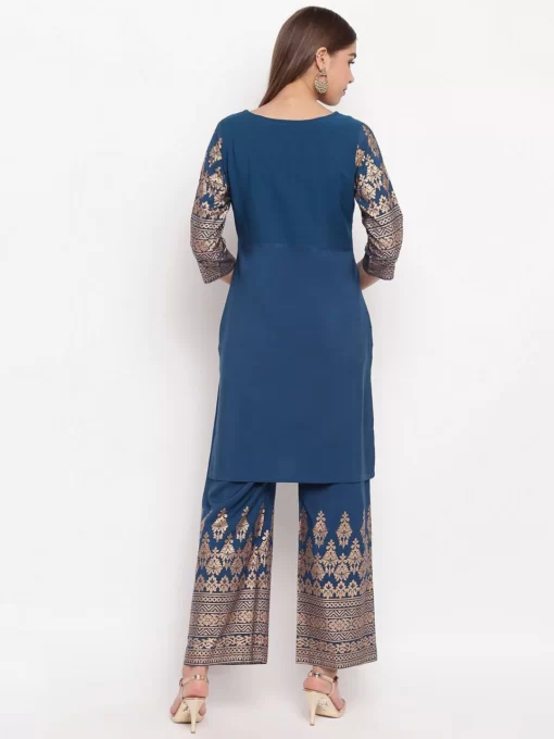 Teal Poly Crepe Printed Kurti With Palazzo - Image 2