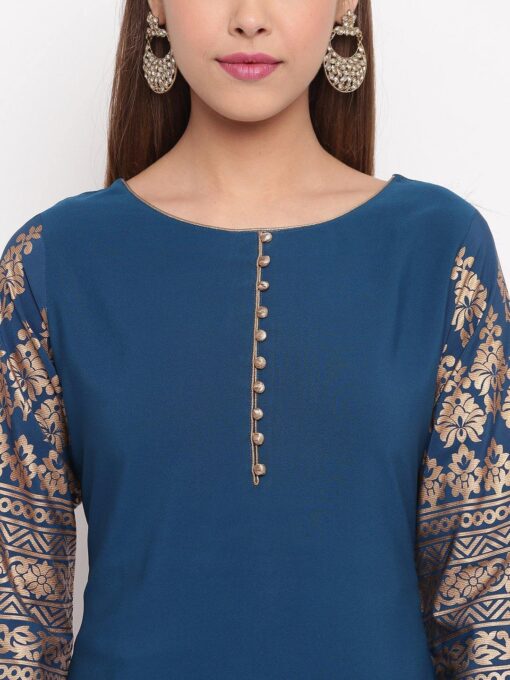 Teal Poly Crepe Printed Kurti With Palazzo - Image 3