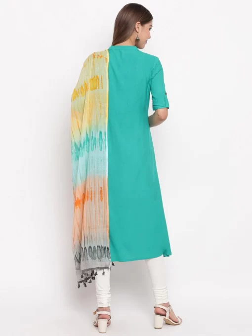 Green Rayon Solid Kurta With Dupatta - Image 2