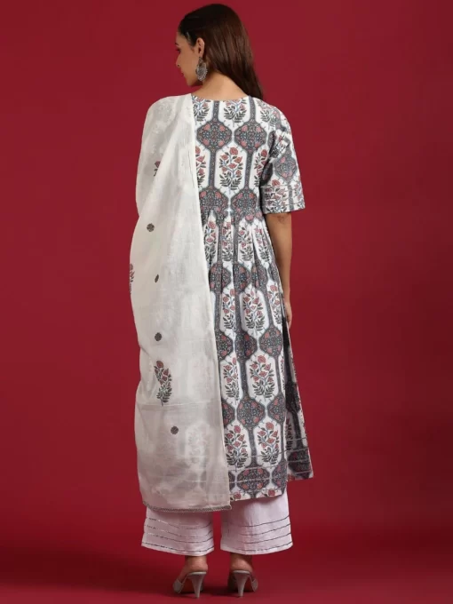 White Cotton Botanical Print Kurta With Palazzo And Dupatta - Image 2