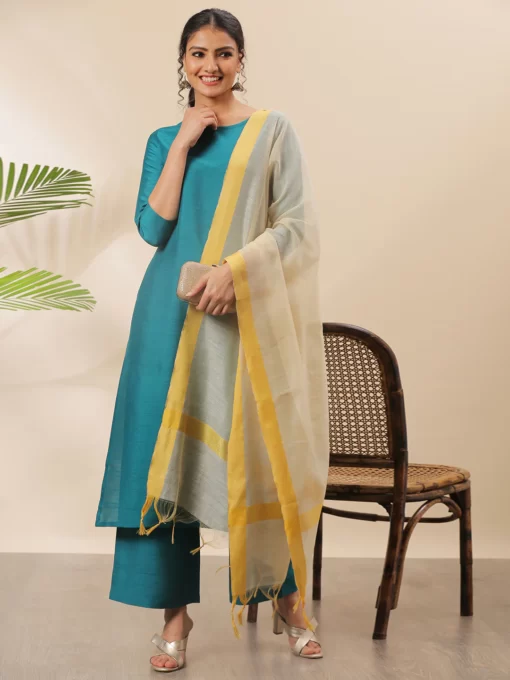 Teal Poly Silk Solid Kurta With Palazzo And Dupatta