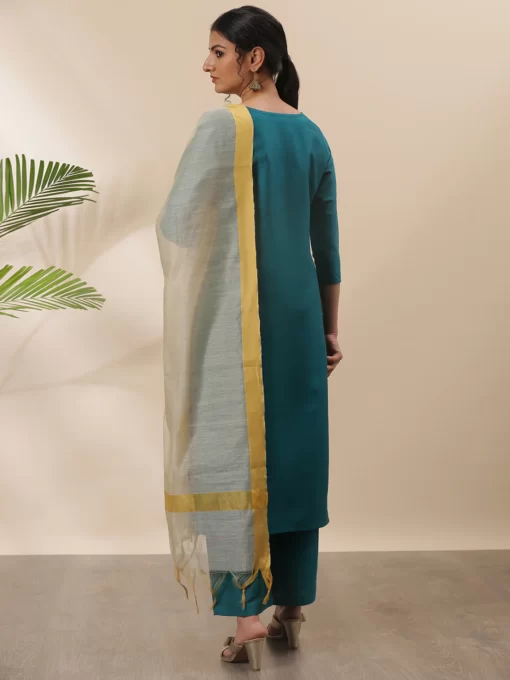 Teal Poly Silk Solid Kurta With Palazzo And Dupatta - Image 2