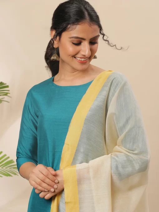 Teal Poly Silk Solid Kurta With Palazzo And Dupatta - Image 3