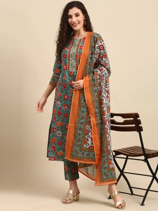 Green Cotton Embroidered Kurta With Pant And Dupatta