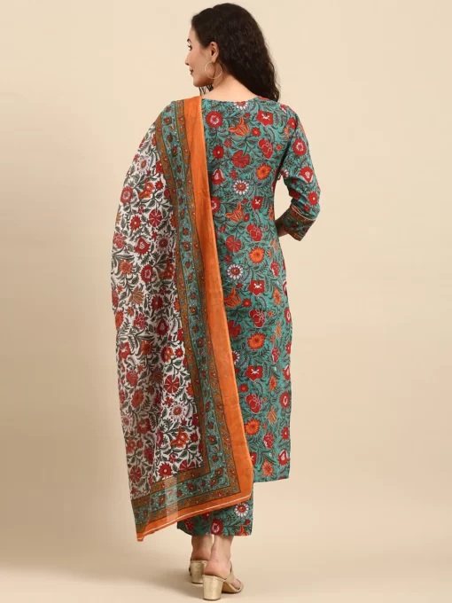 Green Cotton Embroidered Kurta With Pant And Dupatta - Image 3