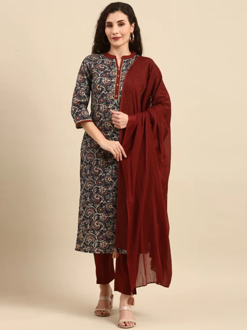Teal Blue Cotton Floral Print Kurta With Pant And Dupatta