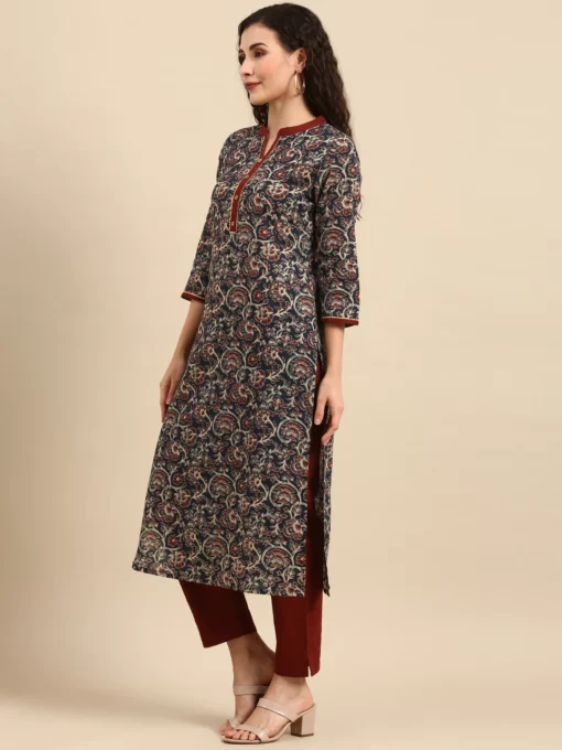 Teal Blue Cotton Floral Print Kurta With Pant And Dupatta - Image 2