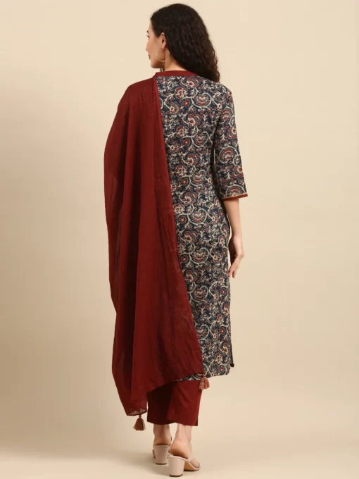 Teal Blue Cotton Floral Print Kurta With Pant And Dupatta - Image 3