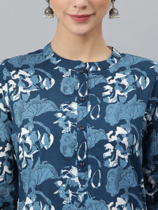 Blue Cotton Block Print Kurta With Pant And Dupatta - Image 3