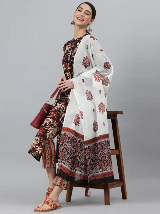 Black Cotton Botanical Print Kurta With Pant And Dupatta