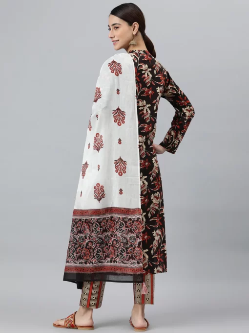 Black Cotton Botanical Print Kurta With Pant And Dupatta - Image 2