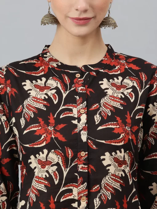 Black Cotton Botanical Print Kurta With Pant And Dupatta - Image 3