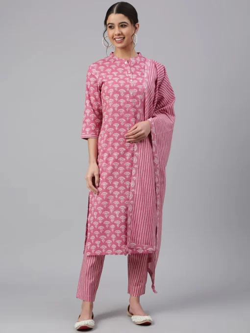 Mauve Cotton Floral Print Kurta With Pant And Dupatta