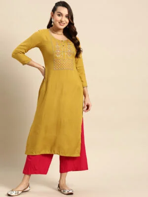 Mustard Poly Rayon Floral Embroidered Kurta