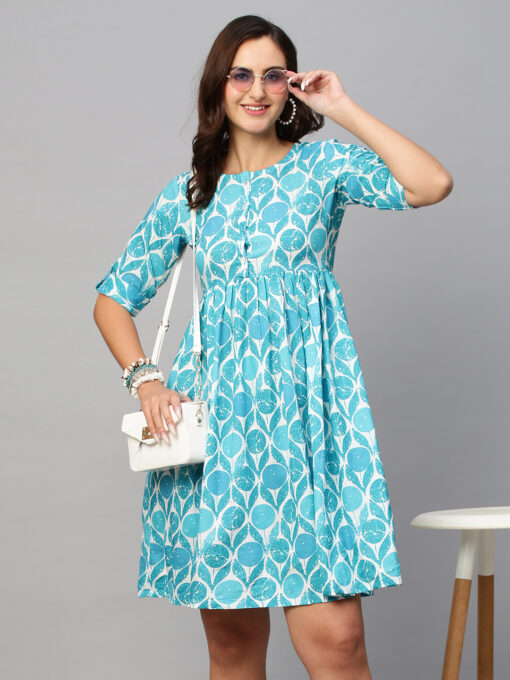 Blue & White Ethnic Motifs Printed Cotton A-Line Dress