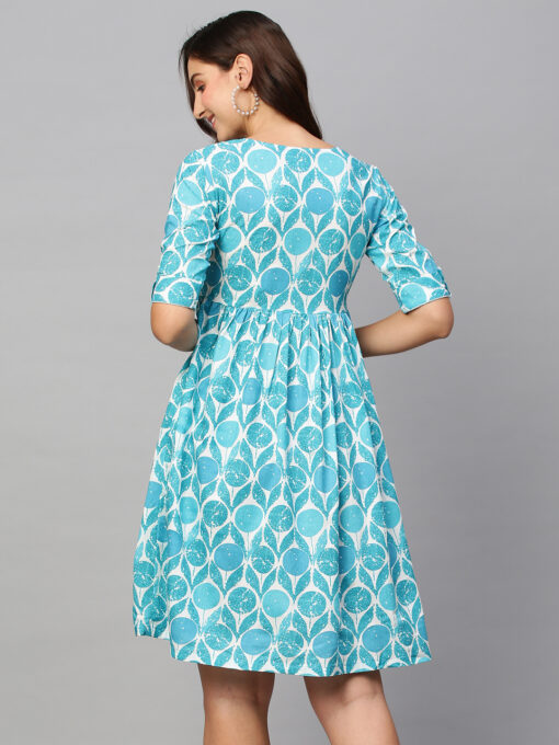 Blue & White Ethnic Motifs Printed Cotton A-Line Dress - Image 2