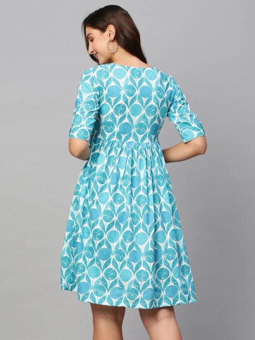 Blue & White Ethnic Motifs Printed Cotton A-Line Dress - Image 2