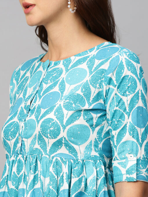 Blue & White Ethnic Motifs Printed Cotton A-Line Dress - Image 3