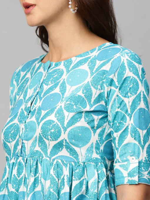 Blue & White Ethnic Motifs Printed Cotton A-Line Dress - Image 3