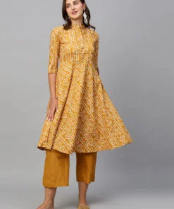 Mustard Pure Cotton Bandhani Anarkali Kurta with Palazzos