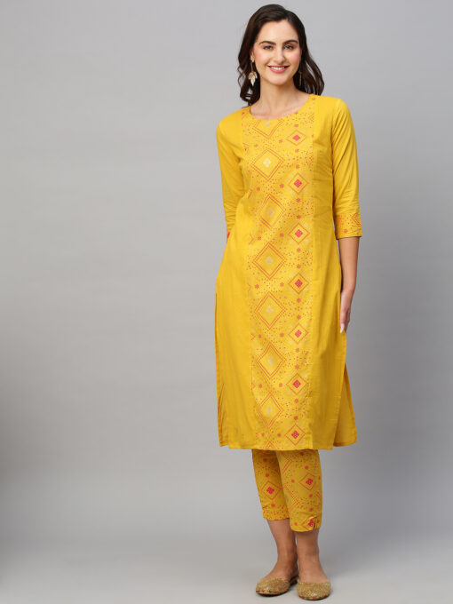 Yellow Pure Cotton Bandhani Printed Kurta with Trousers