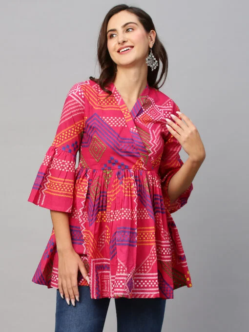 Pink Cotton Geometric Printed A-line Top