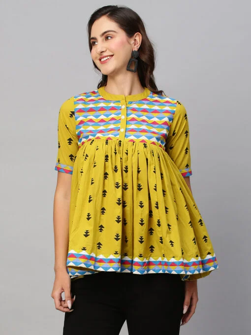 Olive Green & Black Pure Cotton Printed A-Line Top