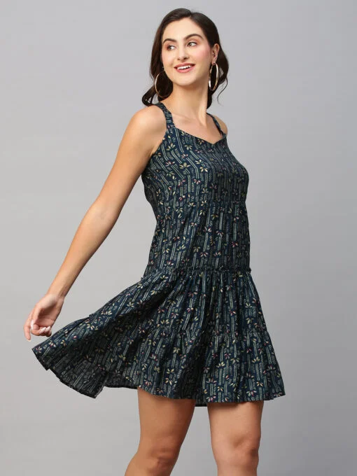 Green & Off-White Ethnic Motifs Printed Cotton A-Line Dress - Image 3