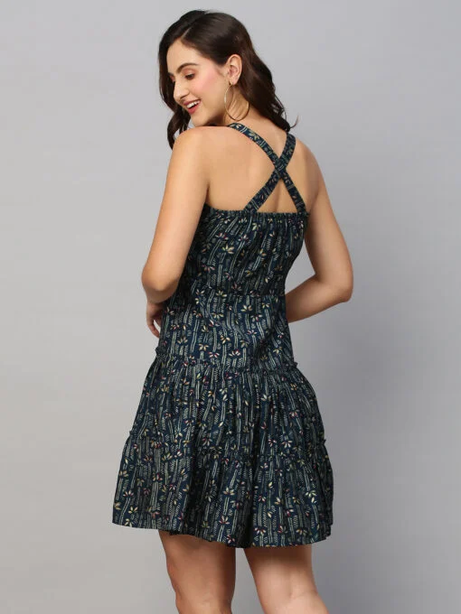 Green & Off-White Ethnic Motifs Printed Cotton A-Line Dress - Image 2