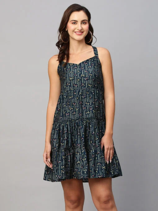 Green & Off-White Ethnic Motifs Printed Cotton A-Line Dress