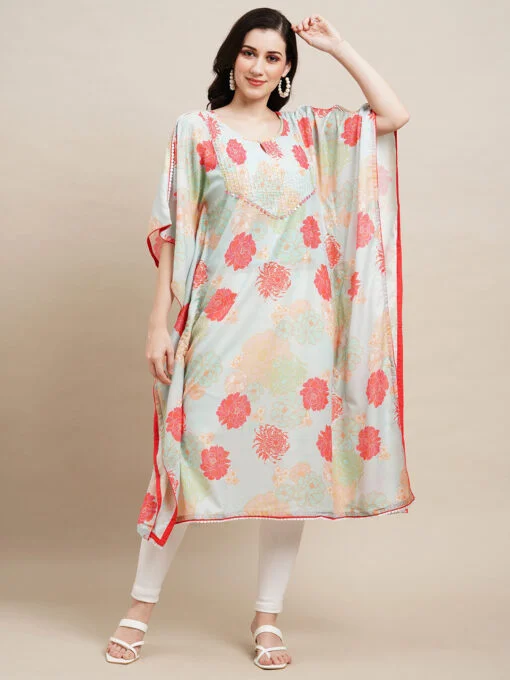 Sea Green Chinon Floral Printed Kaftan Kurta