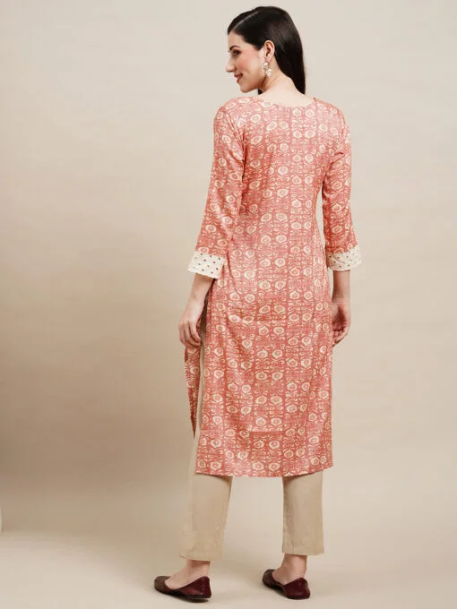 Peach Poly Rayon Floral Printed Straight Kurta - Image 2