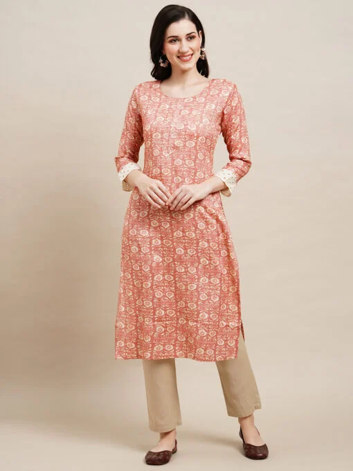 Peach Poly Rayon Floral Printed Straight Kurta