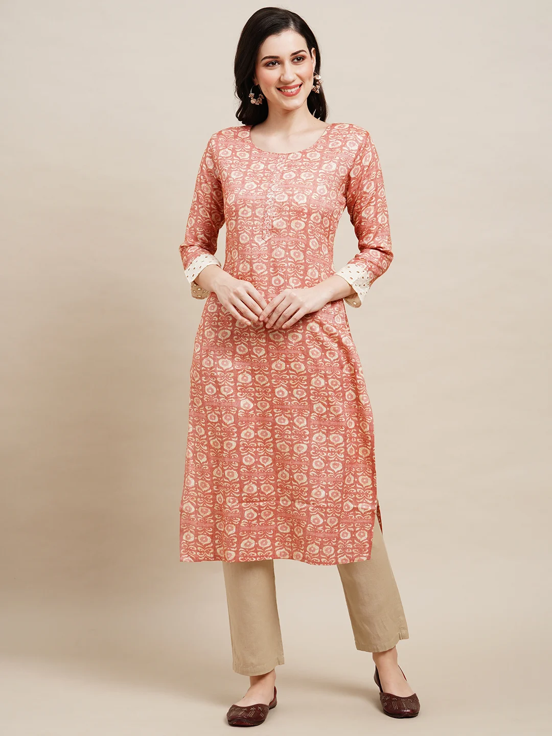Peach Poly Rayon Floral Printed Straight Kurta