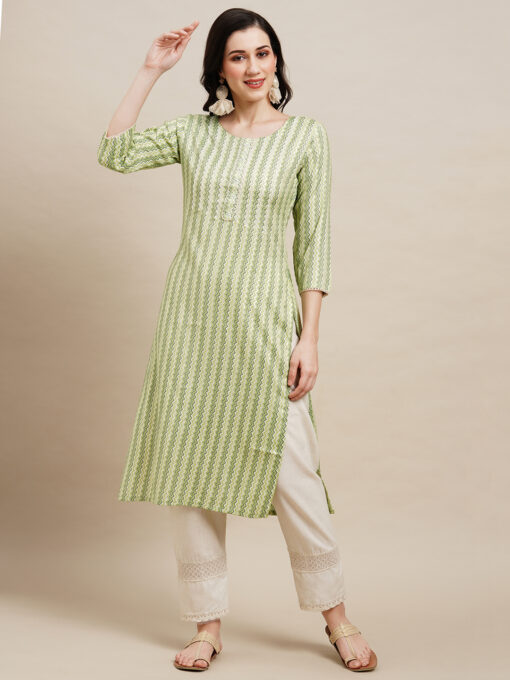Green Poly Rayon Zig Zag Printed Straight Kurta