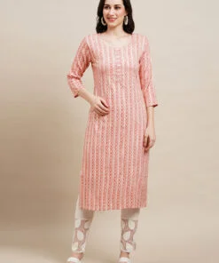 Pink Poly Rayon Stripe Printed Straight Kurta