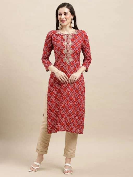 Red Bandhani Printed Rayon Kurta