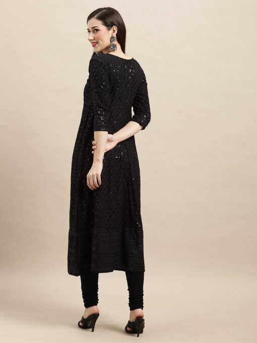 Black Rayon Sequence Embroidered A-line Kurta - Image 2