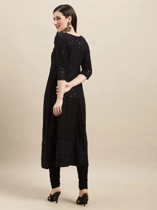 Black Rayon Sequence Embroidered A-line Kurta - Image 2