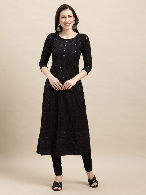 Black Rayon Sequence Embroidered A-line Kurta