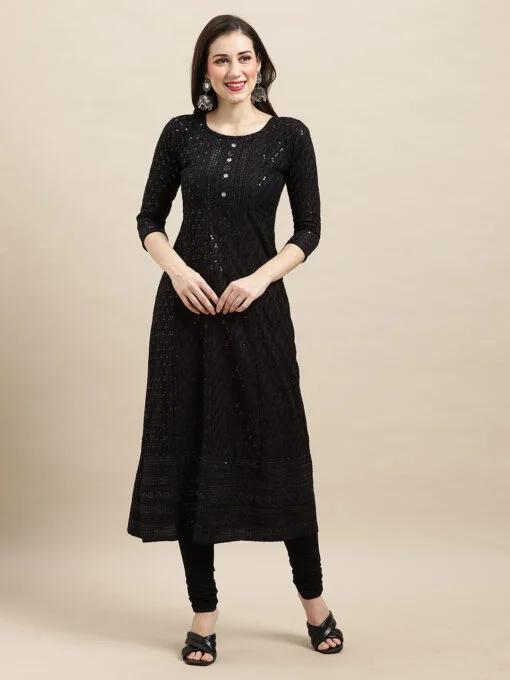 Black Rayon Sequence Embroidered A-line Kurta