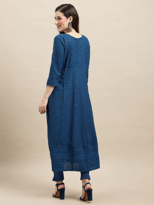 Dark Blue Rayon Sequence Embroidered A-line Kurta - Image 2