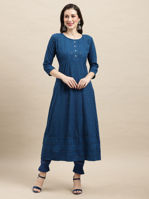 Dark Blue Rayon Sequence Embroidered A-line Kurta