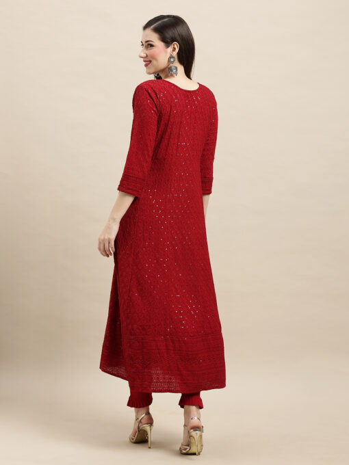 Dark Red Rayon Sequence Embroidered A-line Kurta - Image 2