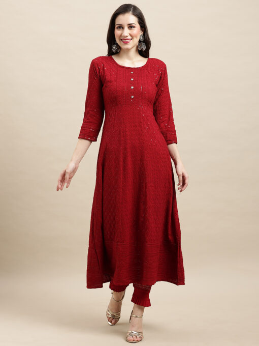 Dark Red Rayon Sequence Embroidered A-line Kurta