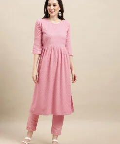 Pink Rayon Sequence Embroidered Nayra Cut Kurta