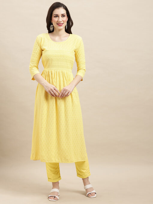 Yellow Rayon Sequence Embroidered Nayra Cut Kurta