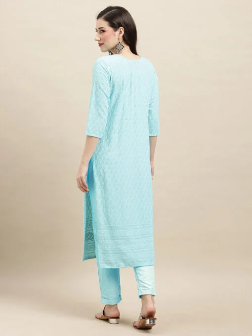 Sky Blue Rayon Sequence Embroidered Straight Kurta - Image 2